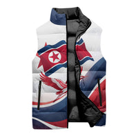 North Korea Flag Day Spirit Of North Korea Sleeveless Puffer Jacket Flying Crane Graphic With Tiger Portrait And Magnolia Flowers