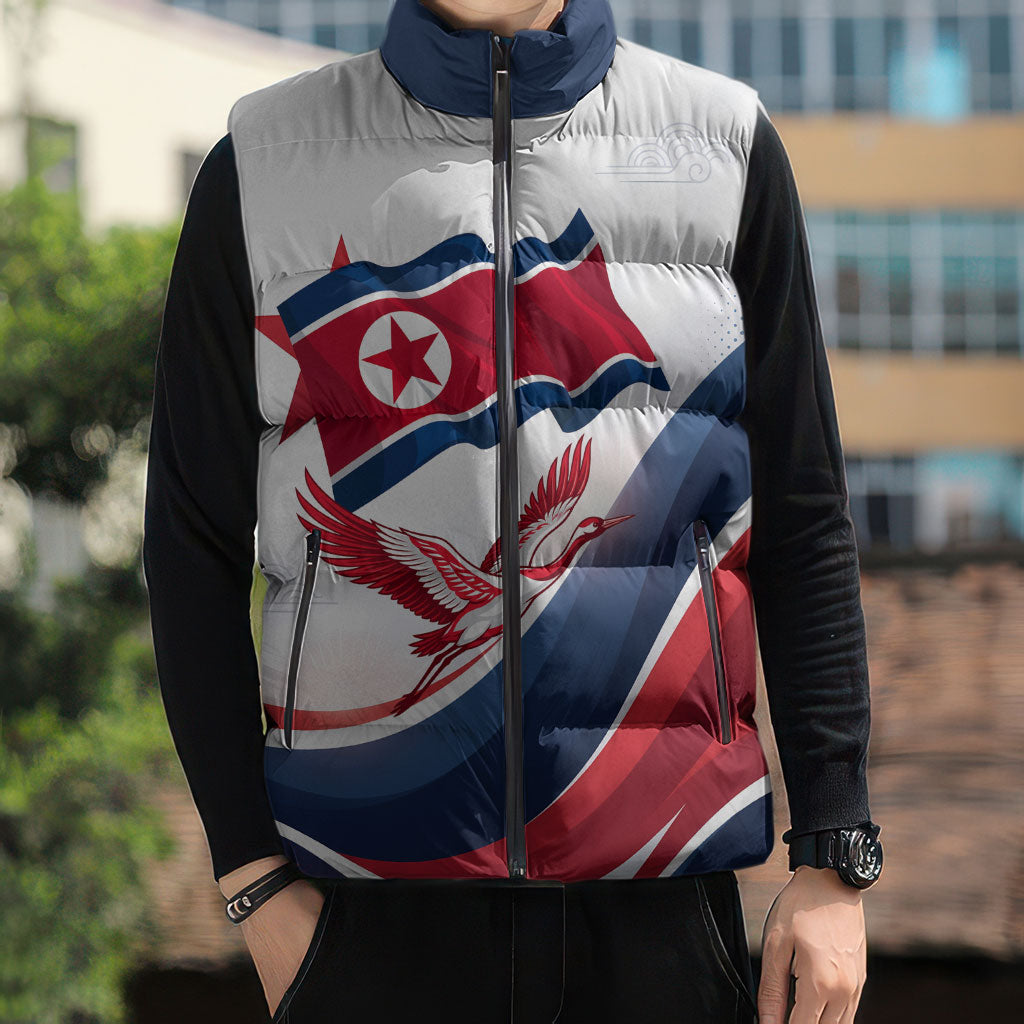 North Korea Flag Day Spirit Of North Korea Sleeveless Puffer Jacket Flying Crane Graphic With Tiger Portrait And Magnolia Flowers