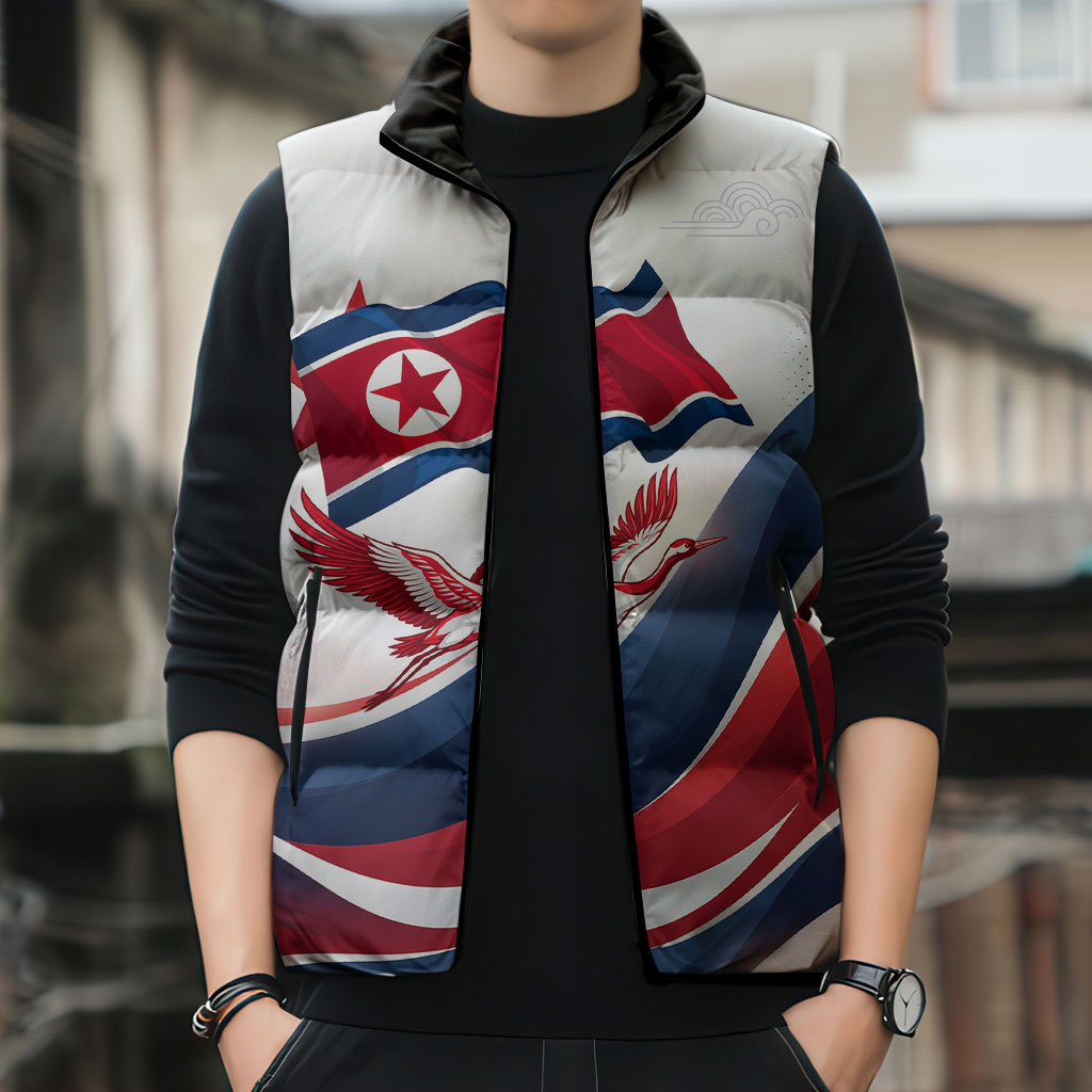 North Korea Flag Day Spirit Of North Korea Sleeveless Puffer Jacket Flying Crane Graphic With Tiger Portrait And Magnolia Flowers