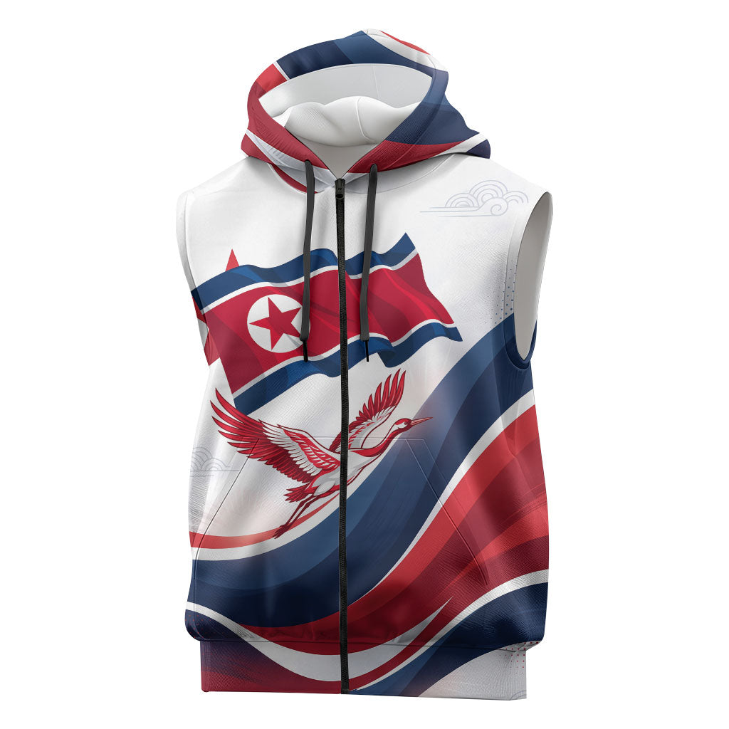 North Korea Flag Day Spirit Of North Korea Sleeveless Zip Hoodie Flying Crane Graphic With Tiger Portrait And Magnolia Flowers