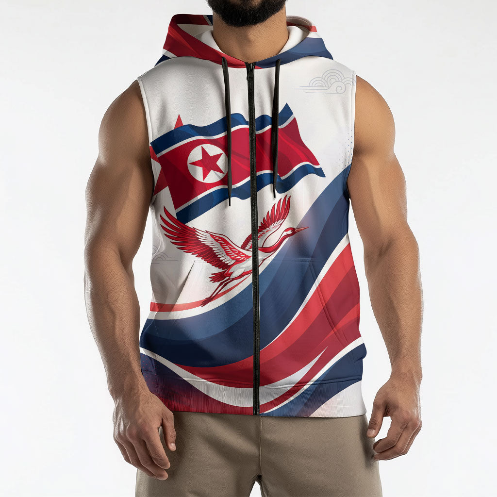 North Korea Flag Day Spirit Of North Korea Sleeveless Zip Hoodie Flying Crane Graphic With Tiger Portrait And Magnolia Flowers