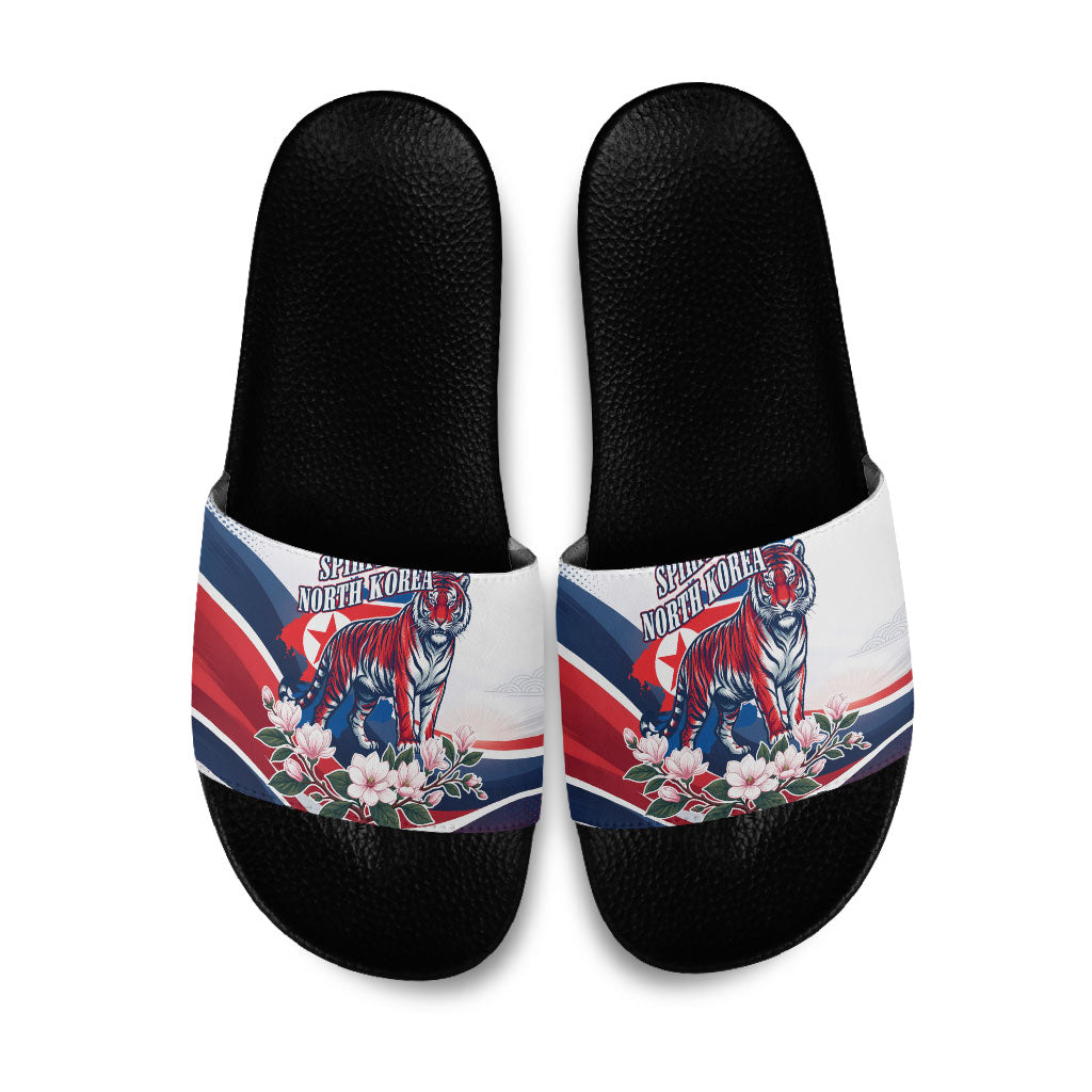 North Korea Flag Day Spirit Of North Korea Slide Sandals Flying Crane Graphic With Tiger Portrait And Magnolia Flowers