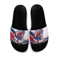 North Korea Flag Day Spirit Of North Korea Slide Sandals Flying Crane Graphic With Tiger Portrait And Magnolia Flowers