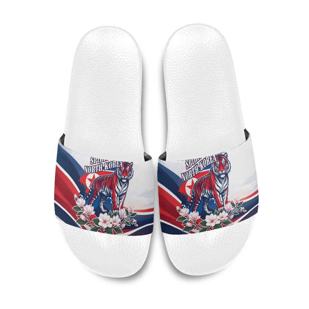 North Korea Flag Day Spirit Of North Korea Slide Sandals Flying Crane Graphic With Tiger Portrait And Magnolia Flowers