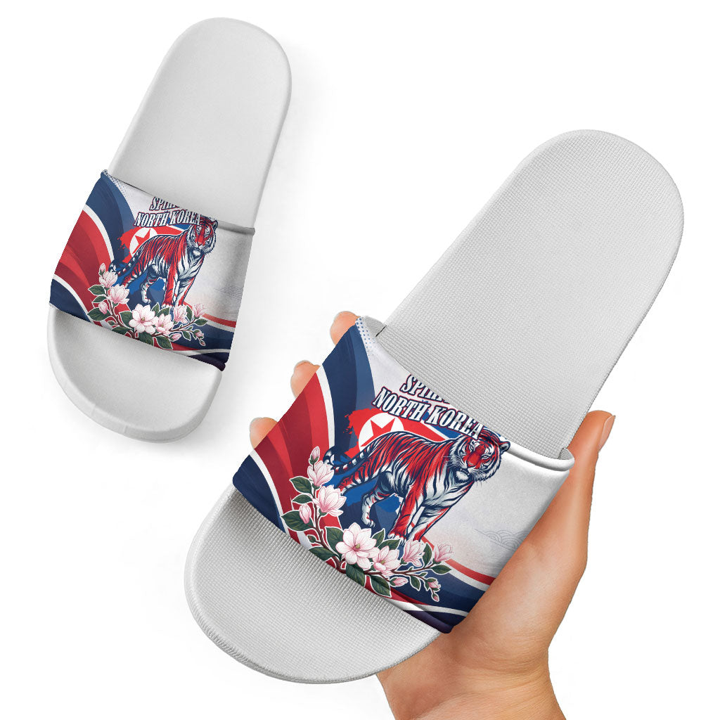 North Korea Flag Day Spirit Of North Korea Slide Sandals Flying Crane Graphic With Tiger Portrait And Magnolia Flowers