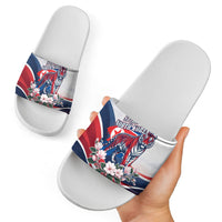 North Korea Flag Day Spirit Of North Korea Slide Sandals Flying Crane Graphic With Tiger Portrait And Magnolia Flowers