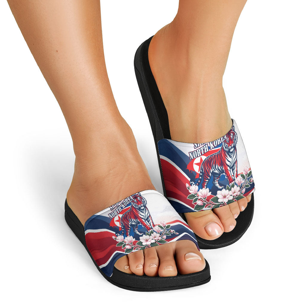 North Korea Flag Day Spirit Of North Korea Slide Sandals Flying Crane Graphic With Tiger Portrait And Magnolia Flowers