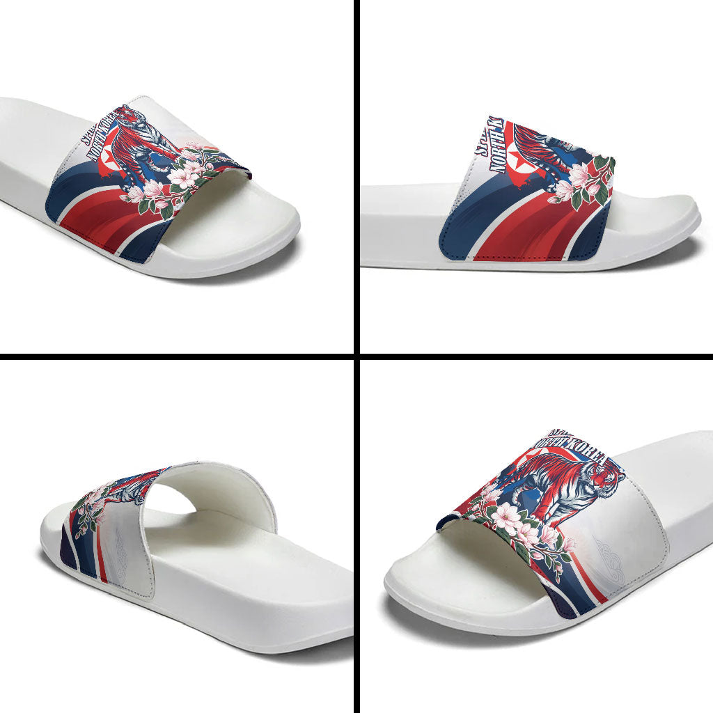 North Korea Flag Day Spirit Of North Korea Slide Sandals Flying Crane Graphic With Tiger Portrait And Magnolia Flowers