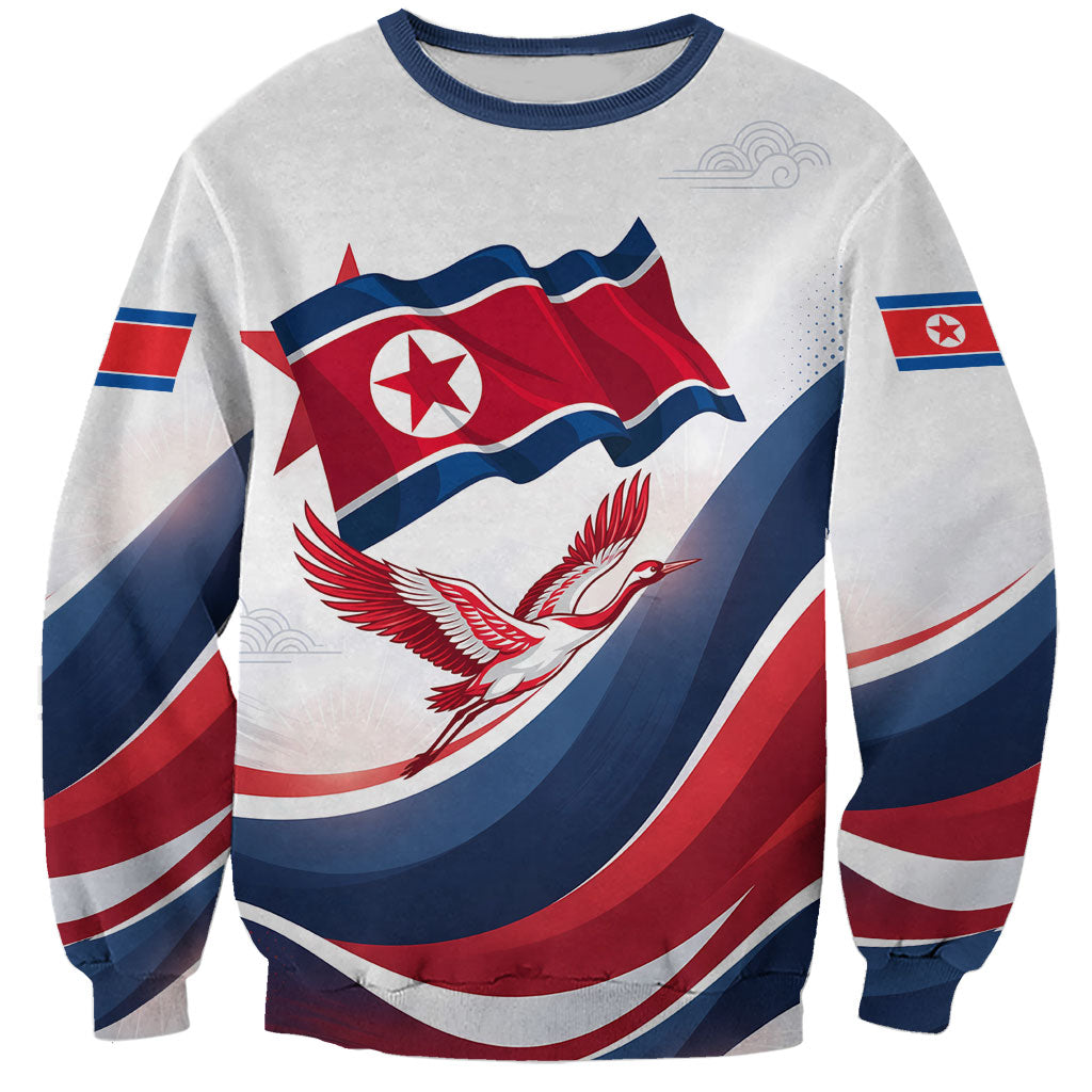 North Korea Flag Day Spirit Of North Korea Sweatshirt Flying Crane Graphic With Tiger Portrait And Magnolia Flowers