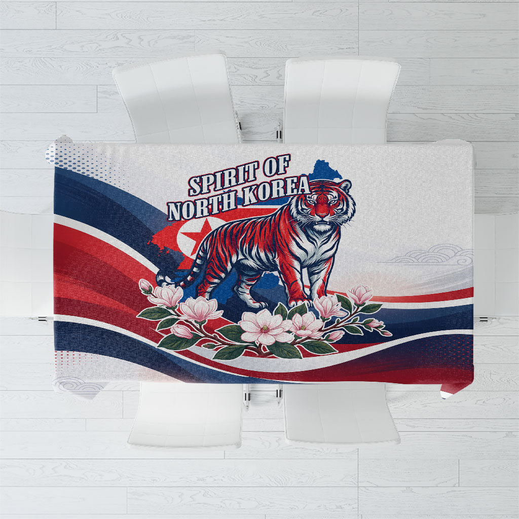 North Korea Flag Day Spirit Of North Korea Tablecloth Flying Crane Graphic With Tiger Portrait And Magnolia Flowers