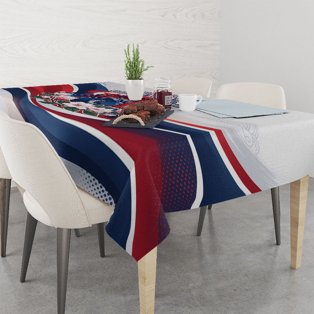 North Korea Flag Day Spirit Of North Korea Tablecloth Flying Crane Graphic With Tiger Portrait And Magnolia Flowers