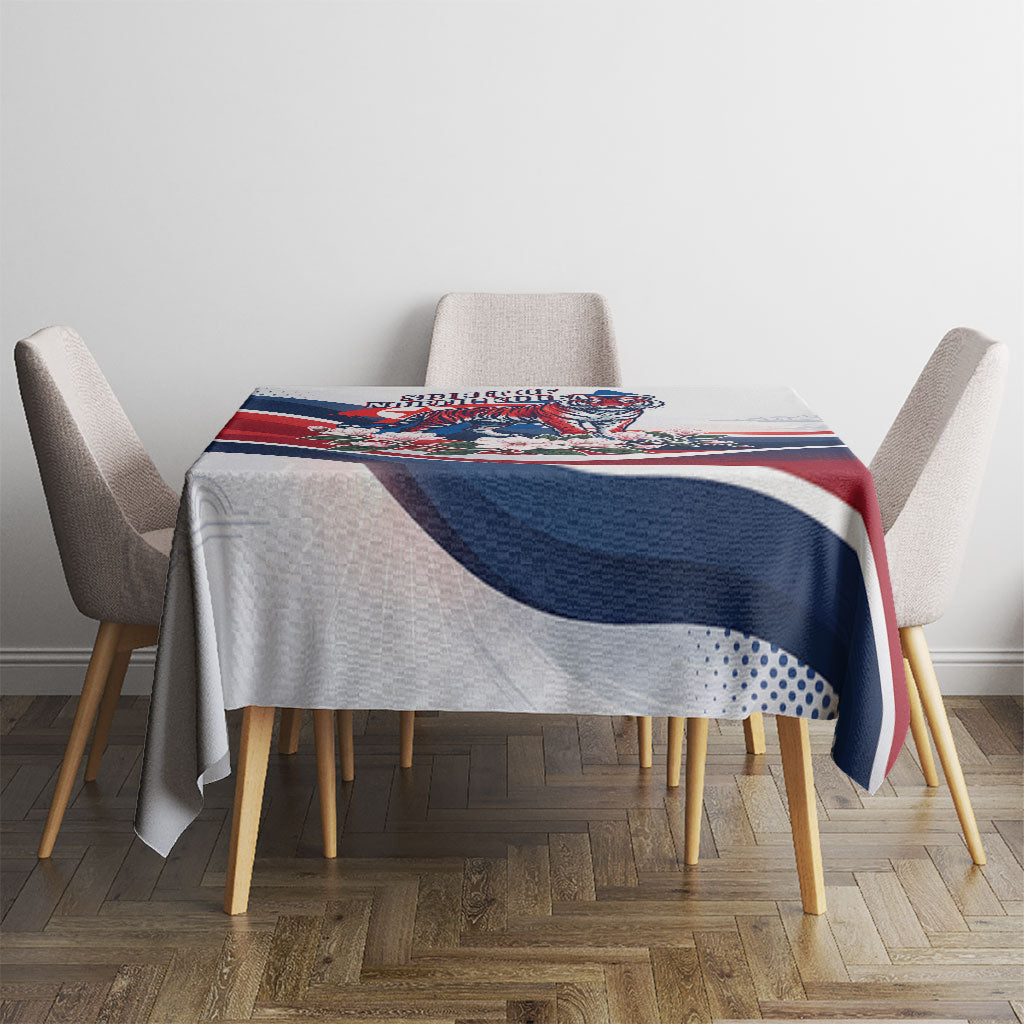 North Korea Flag Day Spirit Of North Korea Tablecloth Flying Crane Graphic With Tiger Portrait And Magnolia Flowers