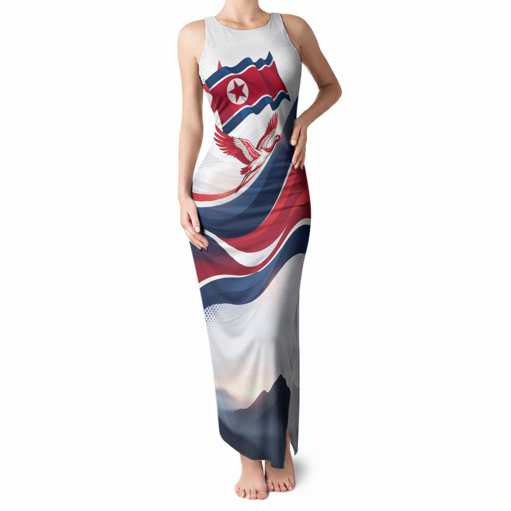 North Korea Flag Day Spirit Of North Korea Tank Maxi Dress Flying Crane Graphic With Tiger Portrait And Magnolia Flowers