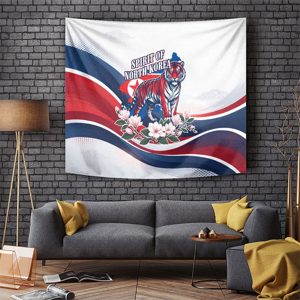 North Korea Flag Day Spirit Of North Korea Tapestry Flying Crane Graphic With Tiger Portrait And Magnolia Flowers