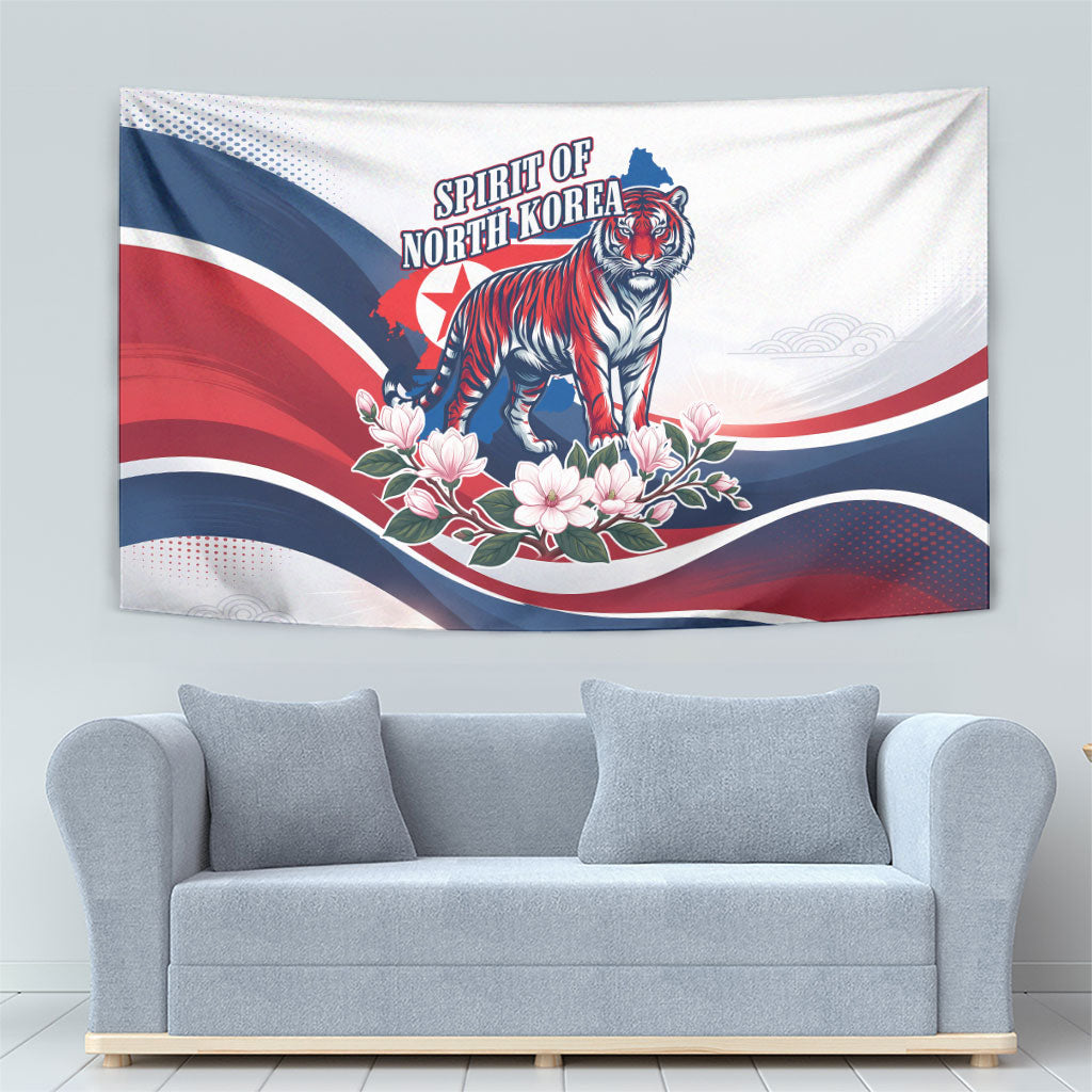 North Korea Flag Day Spirit Of North Korea Tapestry Flying Crane Graphic With Tiger Portrait And Magnolia Flowers