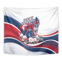 North Korea Flag Day Spirit Of North Korea Tapestry Flying Crane Graphic With Tiger Portrait And Magnolia Flowers