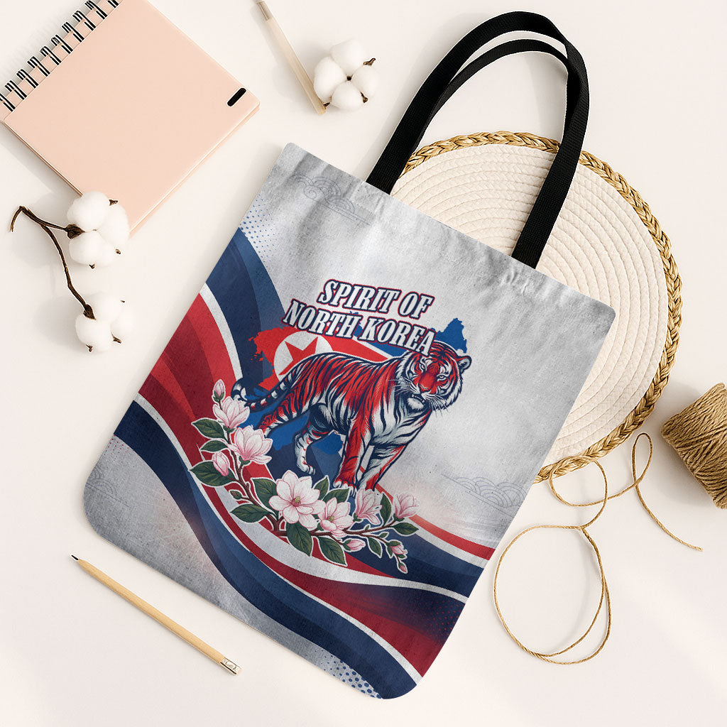 North Korea Flag Day Spirit Of North Korea Tote Bag Flying Crane Graphic With Tiger Portrait And Magnolia Flowers