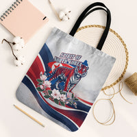North Korea Flag Day Spirit Of North Korea Tote Bag Flying Crane Graphic With Tiger Portrait And Magnolia Flowers