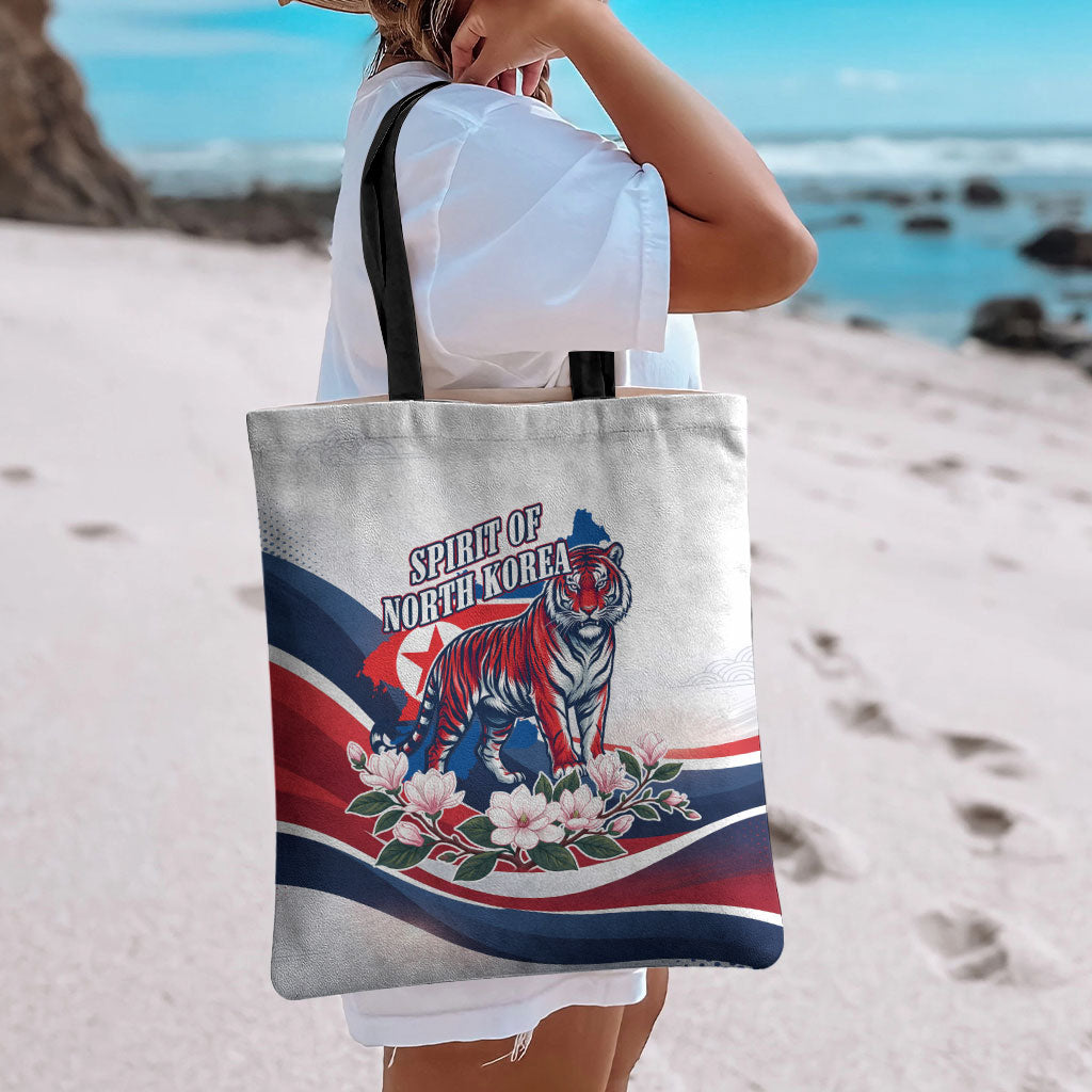 North Korea Flag Day Spirit Of North Korea Tote Bag Flying Crane Graphic With Tiger Portrait And Magnolia Flowers