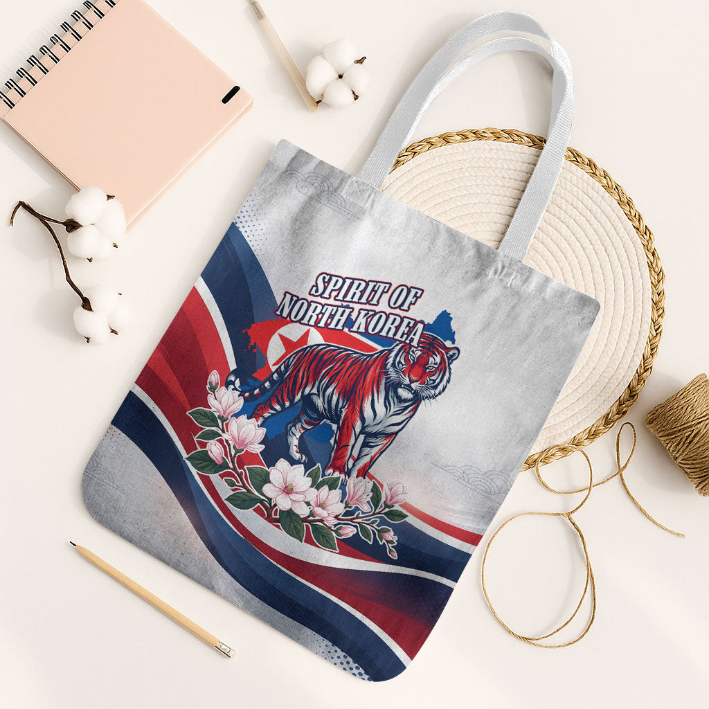 North Korea Flag Day Spirit Of North Korea Tote Bag Flying Crane Graphic With Tiger Portrait And Magnolia Flowers