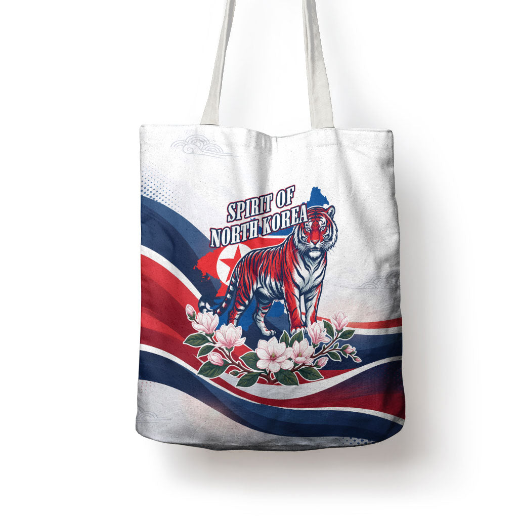 North Korea Flag Day Spirit Of North Korea Tote Bag Flying Crane Graphic With Tiger Portrait And Magnolia Flowers