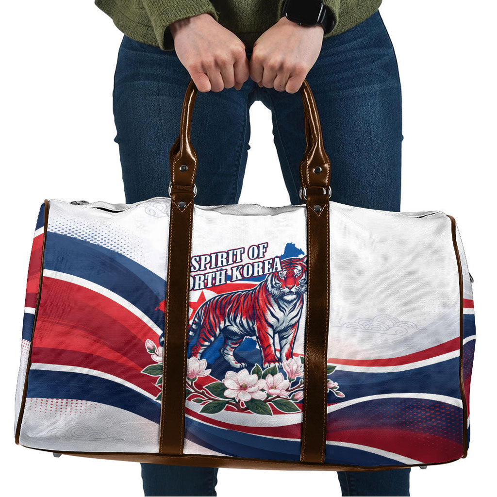 North Korea Flag Day Spirit Of North Korea Travel Bag Flying Crane Graphic With Tiger Portrait And Magnolia Flowers