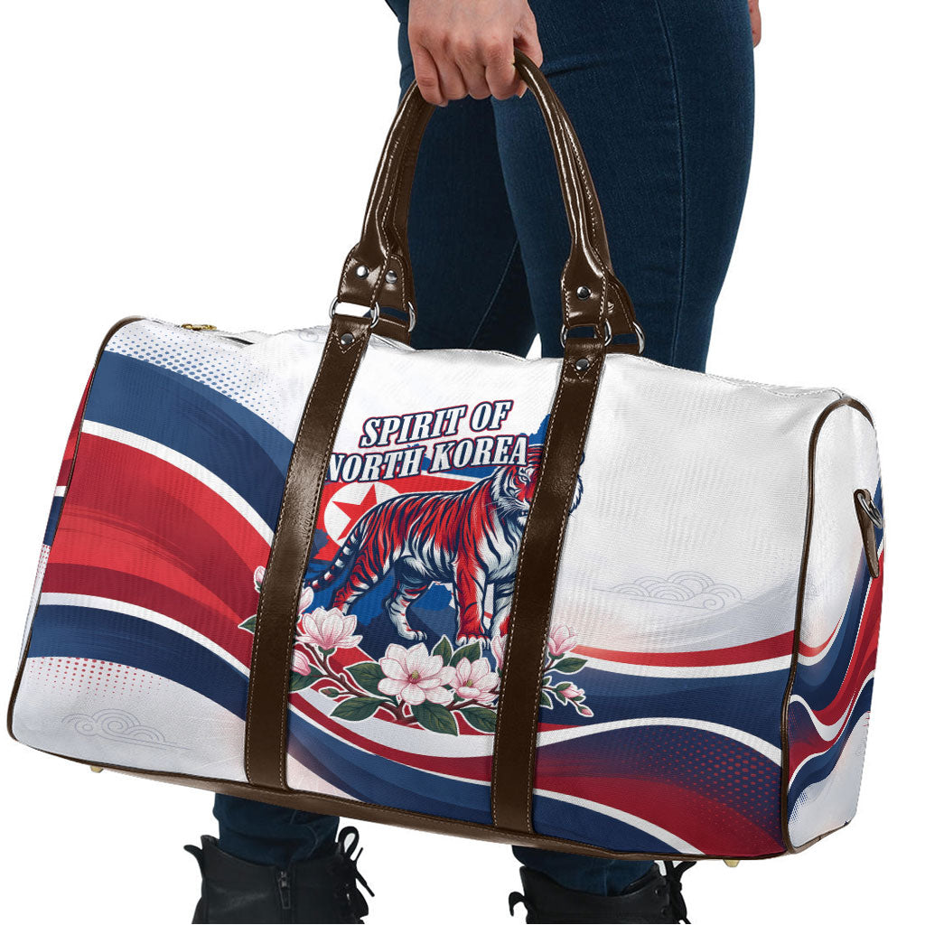 North Korea Flag Day Spirit Of North Korea Travel Bag Flying Crane Graphic With Tiger Portrait And Magnolia Flowers