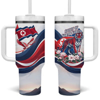 North Korea Flag Day Spirit Of North Korea Tumbler With Handle Flying Crane Graphic With Tiger Portrait And Magnolia Flowers