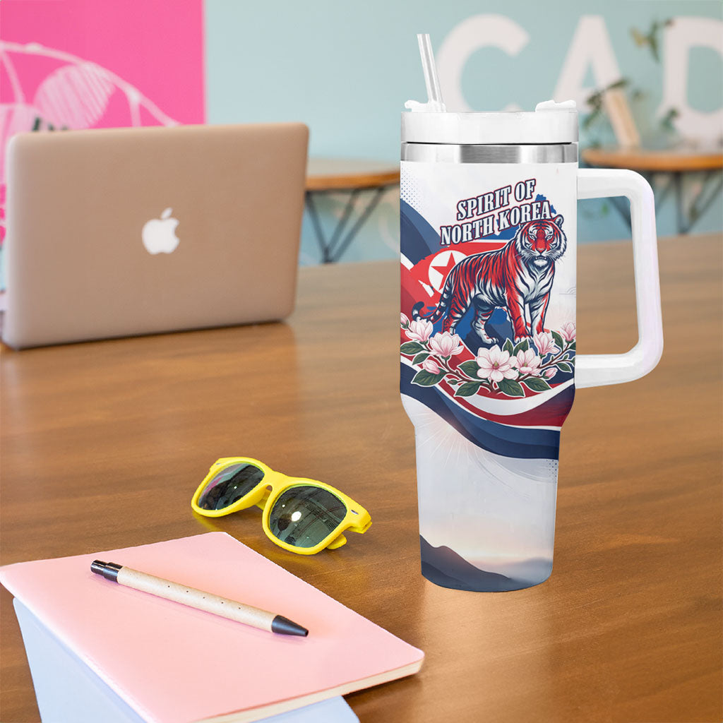 North Korea Flag Day Spirit Of North Korea Tumbler With Handle Flying Crane Graphic With Tiger Portrait And Magnolia Flowers