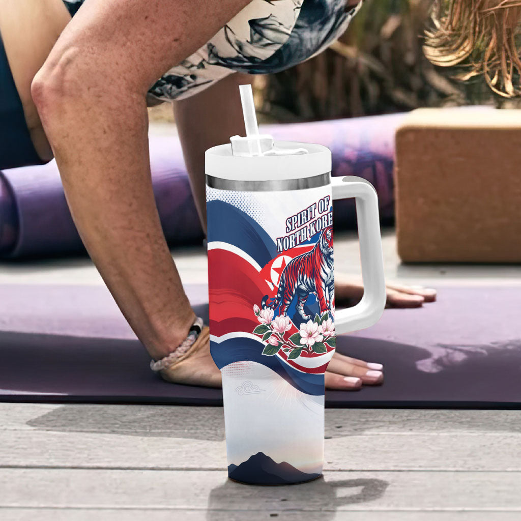 North Korea Flag Day Spirit Of North Korea Tumbler With Handle Flying Crane Graphic With Tiger Portrait And Magnolia Flowers