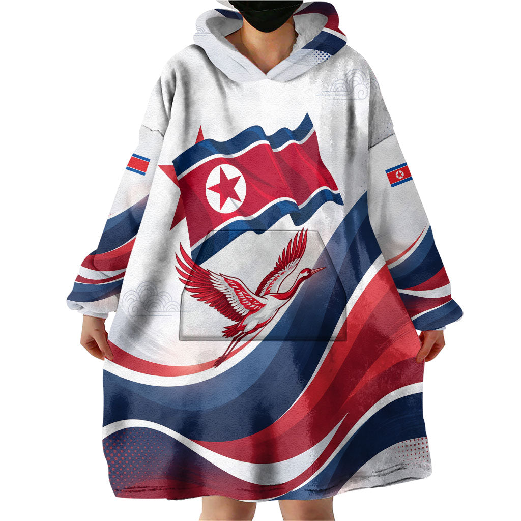 North Korea Flag Day Spirit Of North Korea Wearable Blanket Hoodie Flying Crane Graphic With Tiger Portrait And Magnolia Flowers