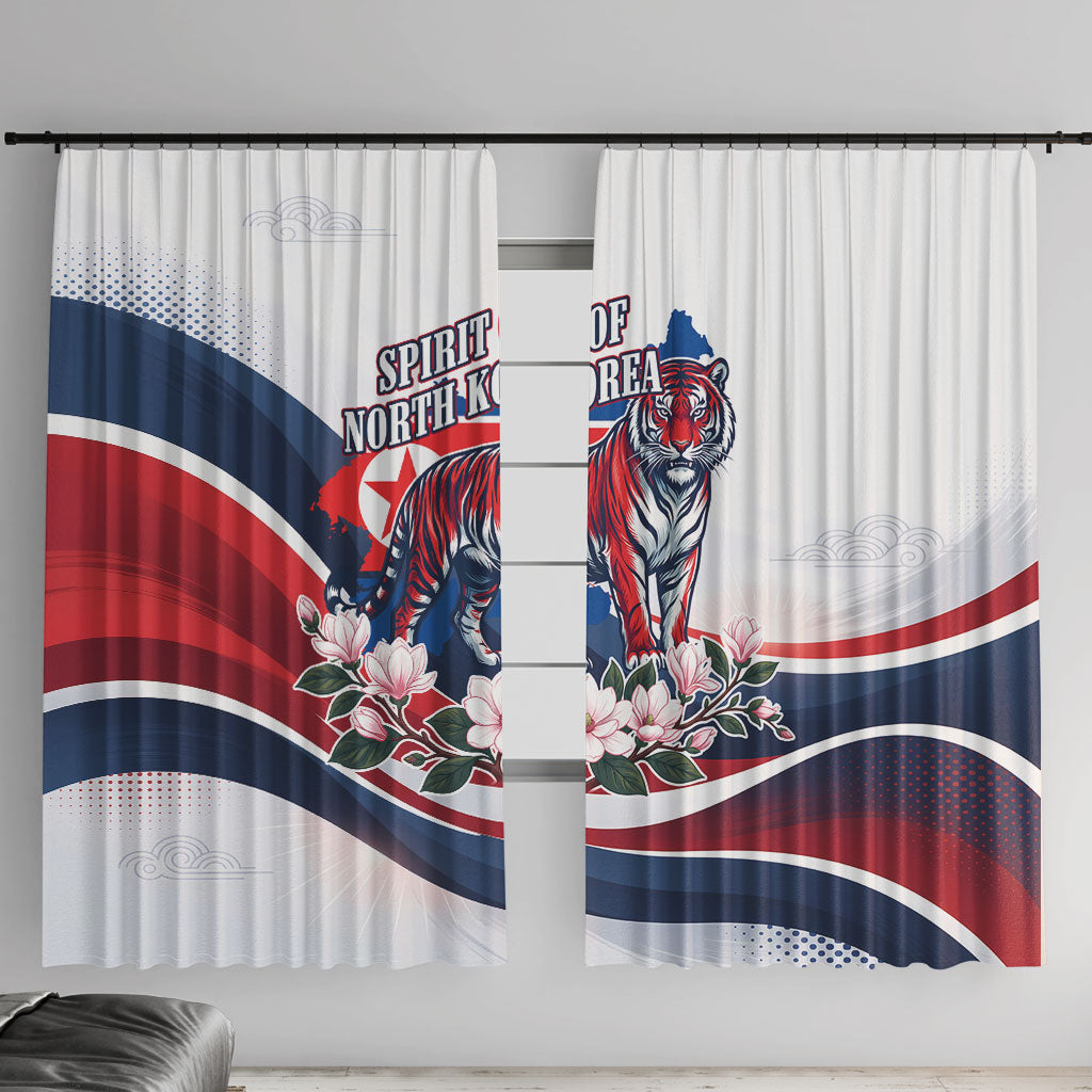 North Korea Flag Day Spirit Of North Korea Window Curtain Flying Crane Graphic With Tiger Portrait And Magnolia Flowers
