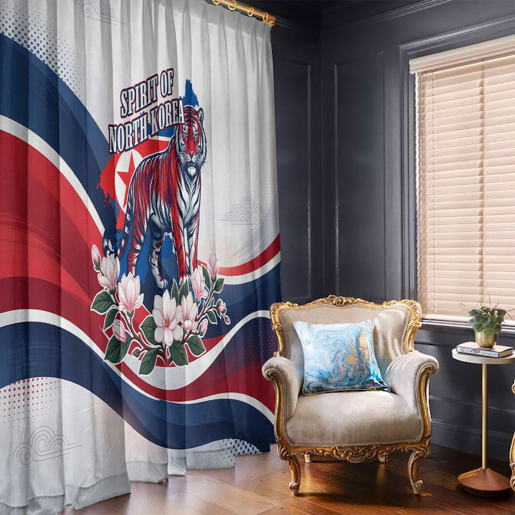 North Korea Flag Day Spirit Of North Korea Window Curtain Flying Crane Graphic With Tiger Portrait And Magnolia Flowers