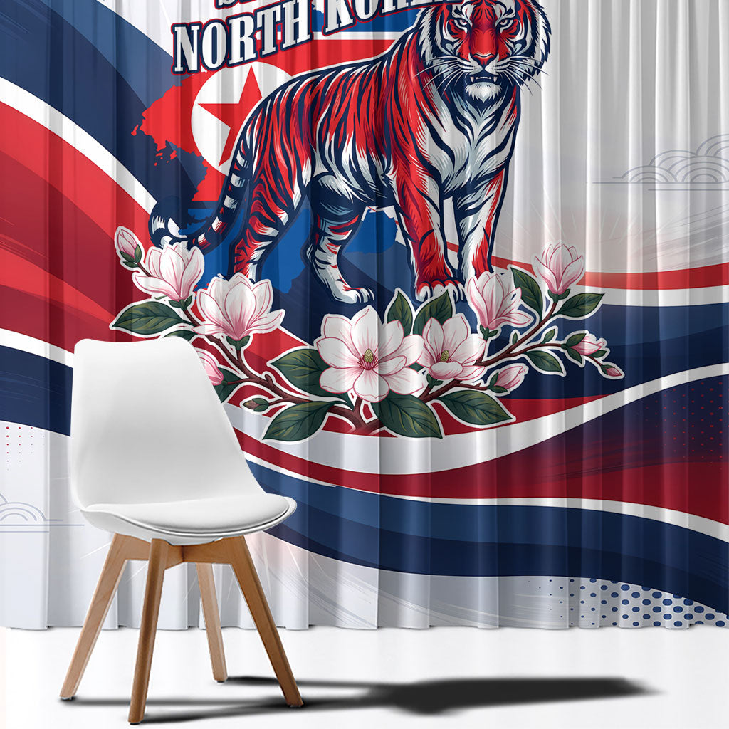 North Korea Flag Day Spirit Of North Korea Window Curtain Flying Crane Graphic With Tiger Portrait And Magnolia Flowers
