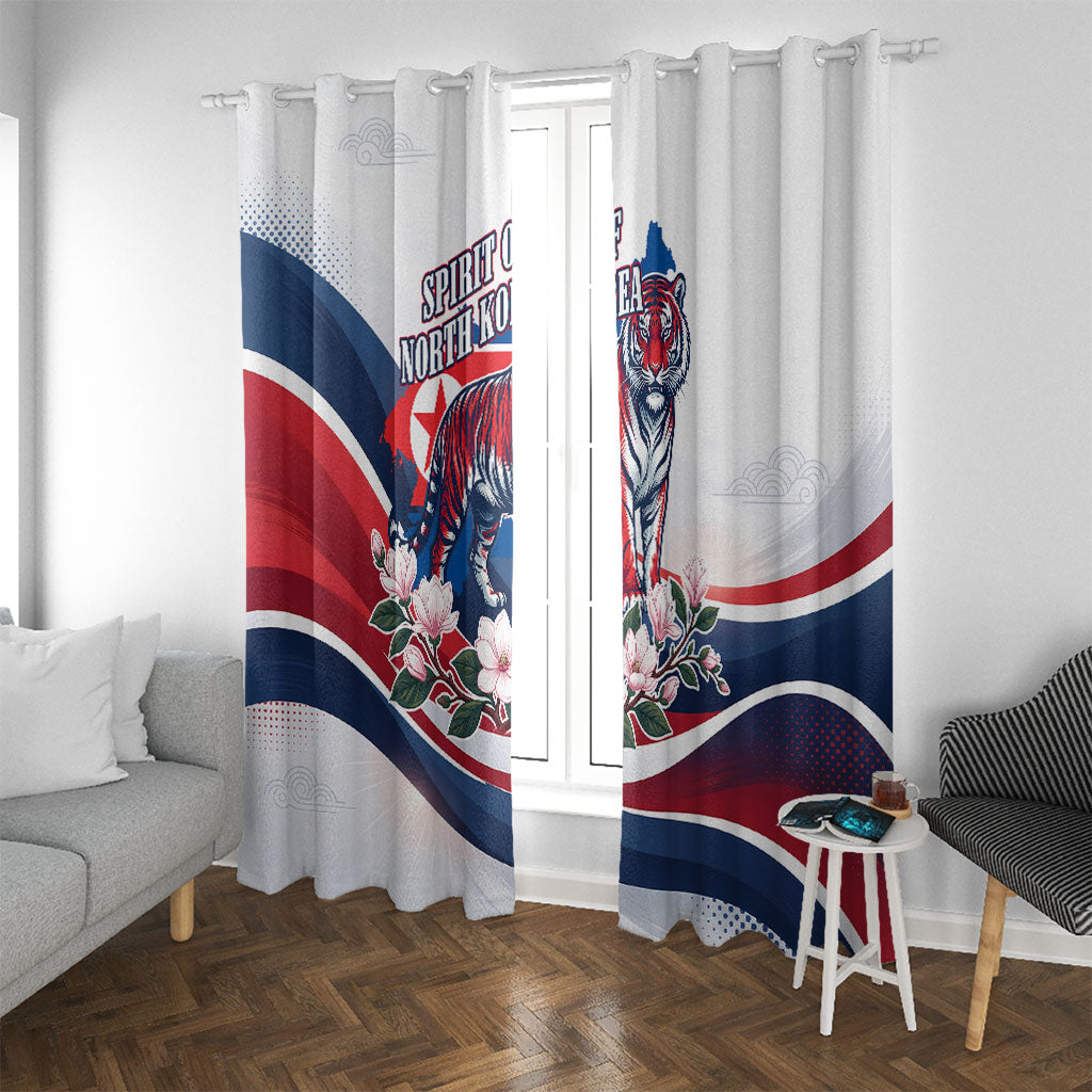 North Korea Flag Day Spirit Of North Korea Window Curtain Flying Crane Graphic With Tiger Portrait And Magnolia Flowers