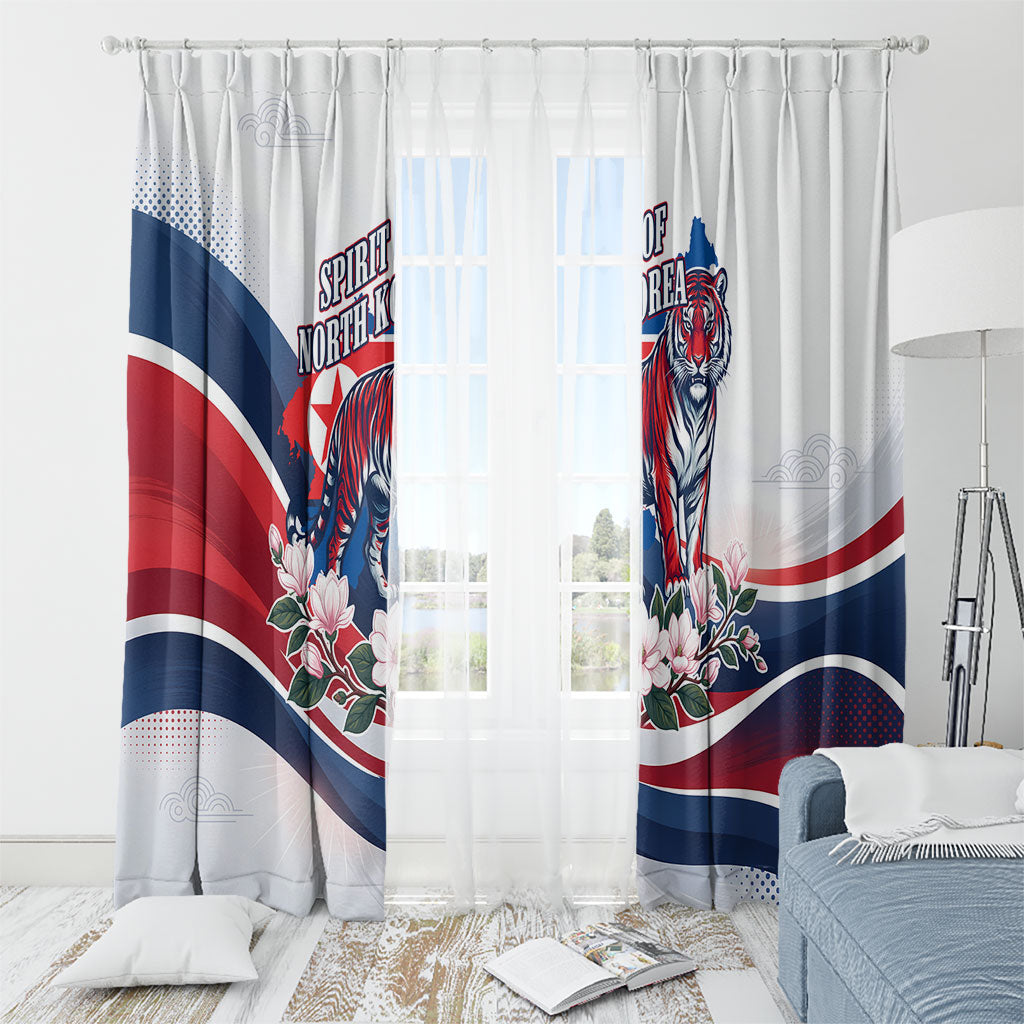 North Korea Flag Day Spirit Of North Korea Window Curtain Flying Crane Graphic With Tiger Portrait And Magnolia Flowers
