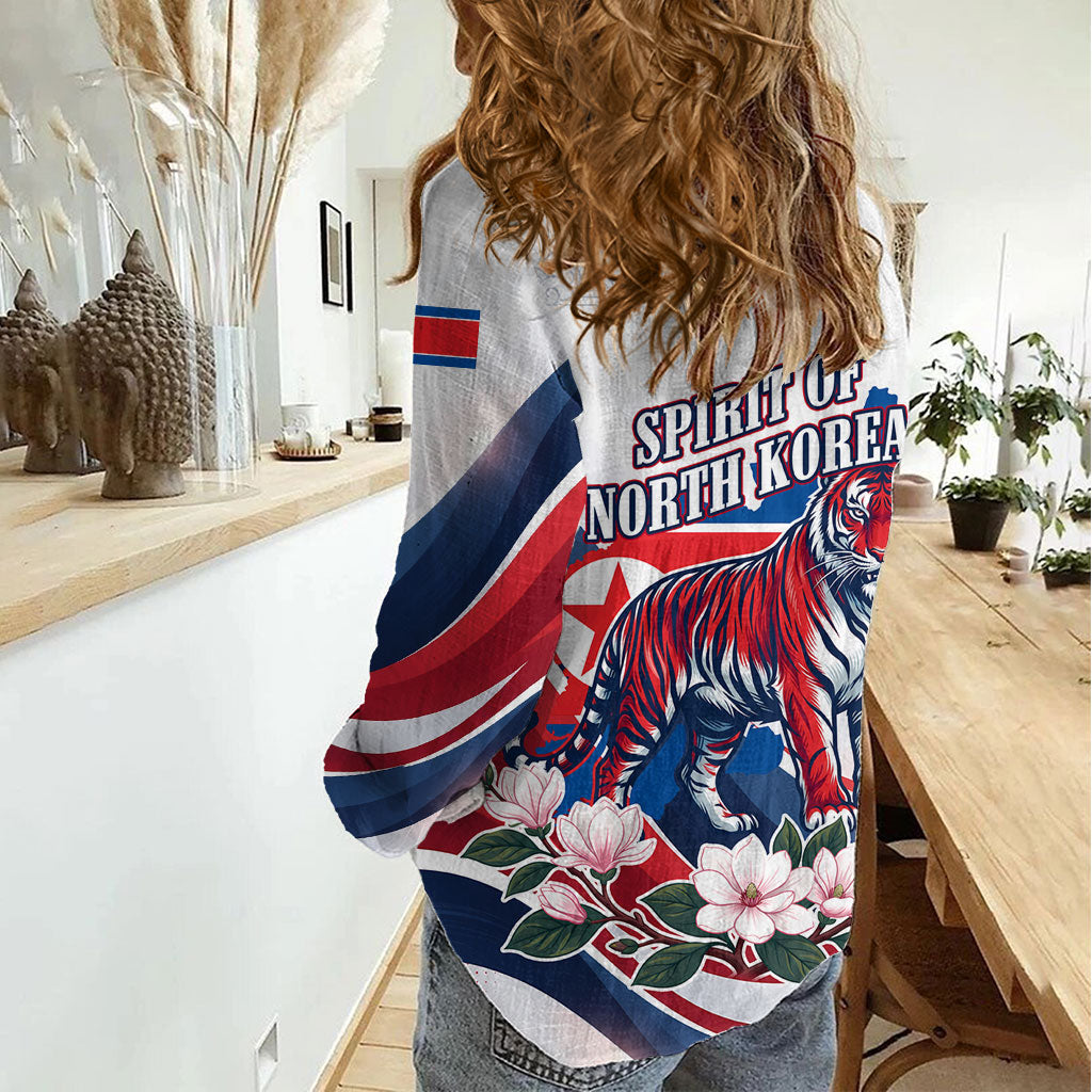 North Korea Flag Day Spirit Of North Korea Women Casual Shirt Flying Crane Graphic With Tiger Portrait And Magnolia Flowers