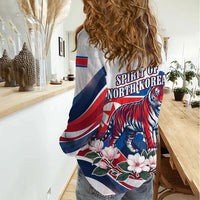 North Korea Flag Day Spirit Of North Korea Women Casual Shirt Flying Crane Graphic With Tiger Portrait And Magnolia Flowers