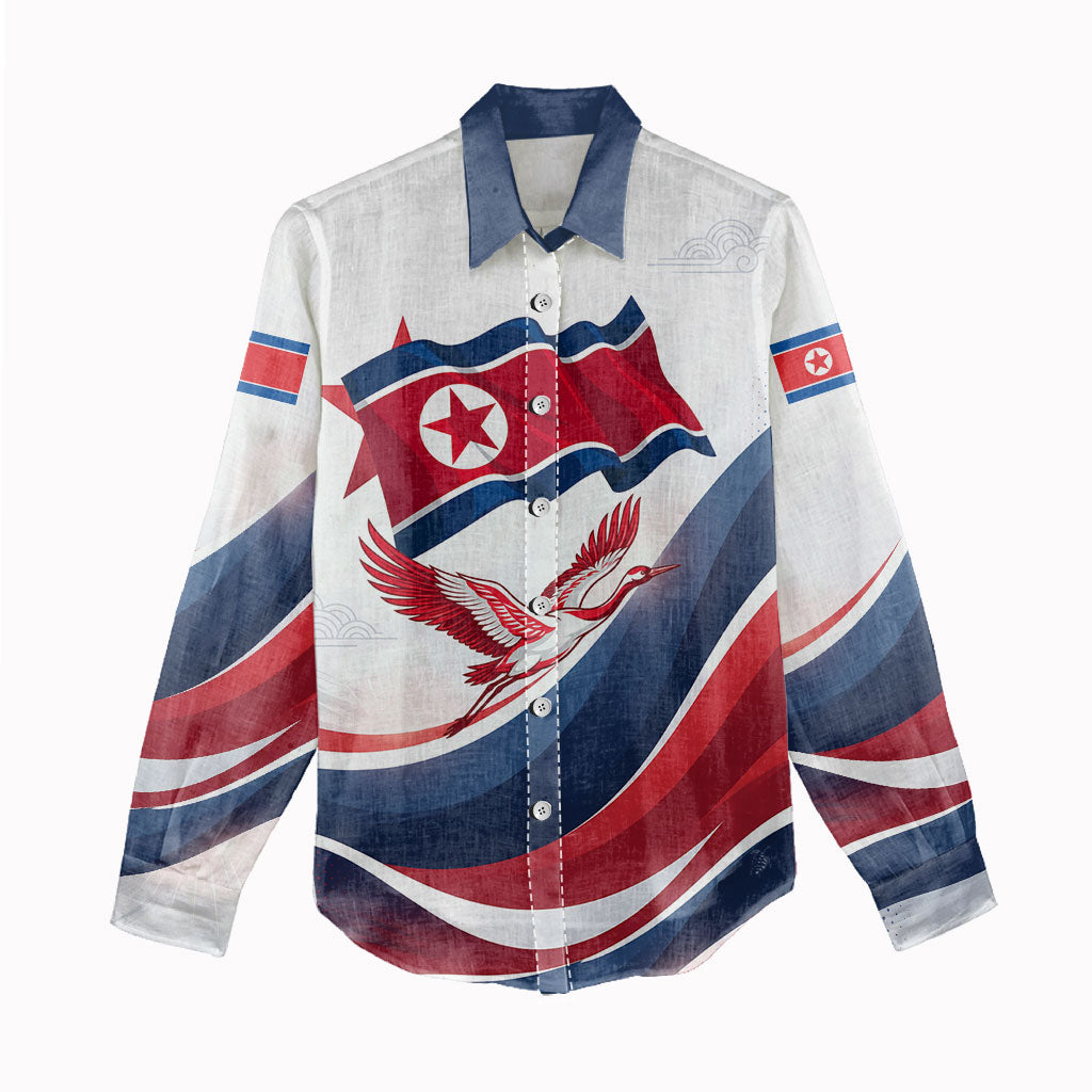 North Korea Flag Day Spirit Of North Korea Women Casual Shirt Flying Crane Graphic With Tiger Portrait And Magnolia Flowers