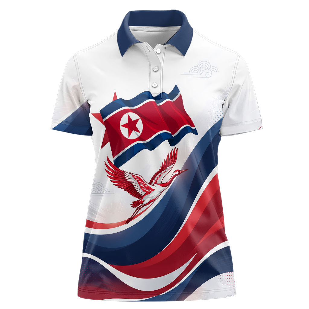 North Korea Flag Day Spirit Of North Korea Women Polo Shirt Flying Crane Graphic With Tiger Portrait And Magnolia Flowers