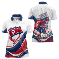North Korea Flag Day Spirit Of North Korea Women Polo Shirt Flying Crane Graphic With Tiger Portrait And Magnolia Flowers