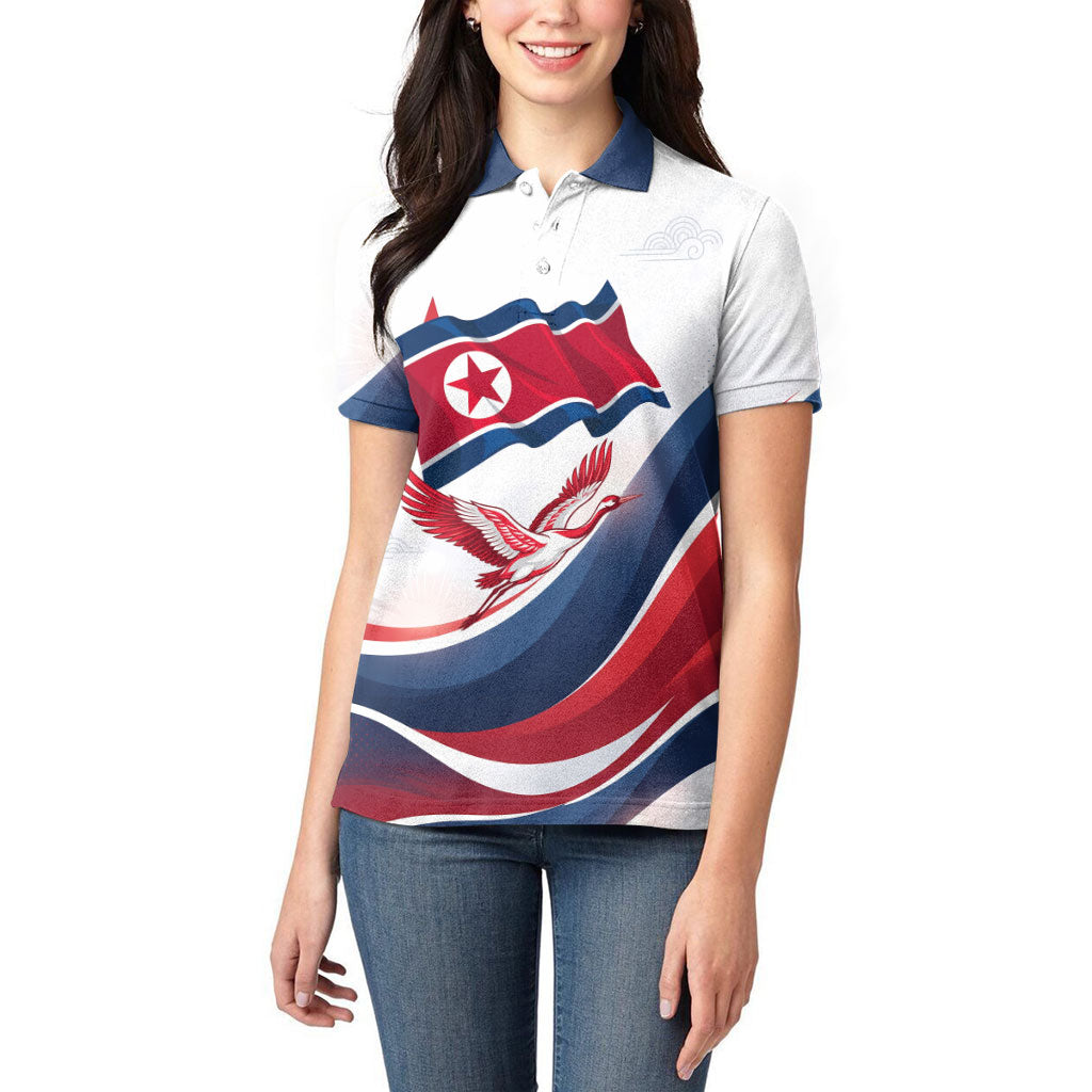 North Korea Flag Day Spirit Of North Korea Women Polo Shirt Flying Crane Graphic With Tiger Portrait And Magnolia Flowers