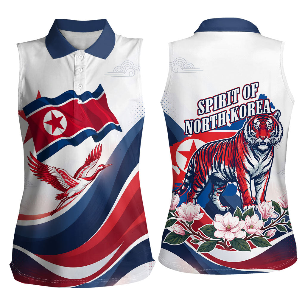 North Korea Flag Day Spirit Of North Korea Women Sleeveless Polo Shirt Flying Crane Graphic With Tiger Portrait And Magnolia Flowers