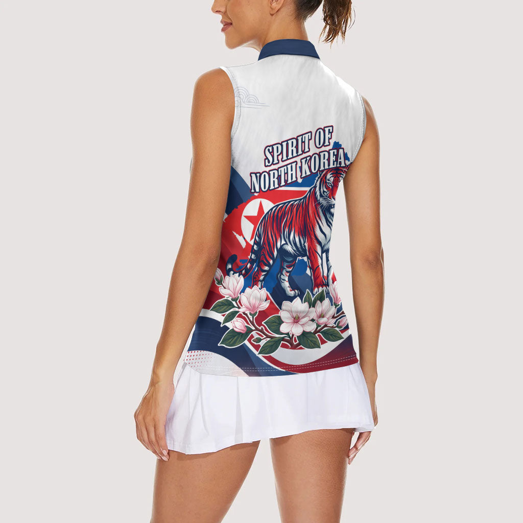 North Korea Flag Day Spirit Of North Korea Women Sleeveless Polo Shirt Flying Crane Graphic With Tiger Portrait And Magnolia Flowers