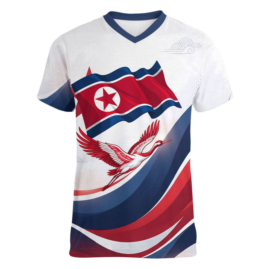 North Korea Flag Day Spirit Of North Korea Women V-Neck T-Shirt Flying Crane Graphic With Tiger Portrait And Magnolia Flowers