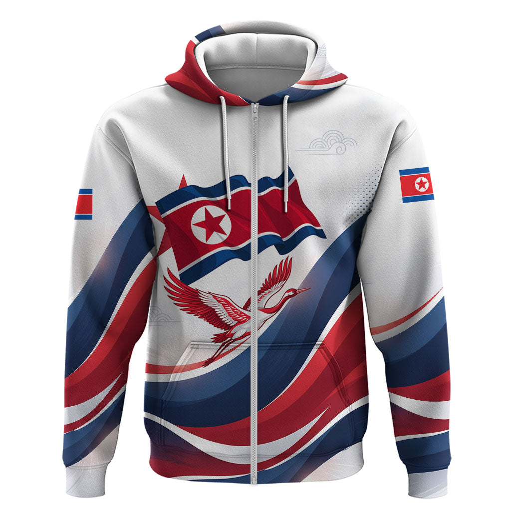 North Korea Flag Day Spirit Of North Korea Zip Hoodie Flying Crane Graphic With Tiger Portrait And Magnolia Flowers
