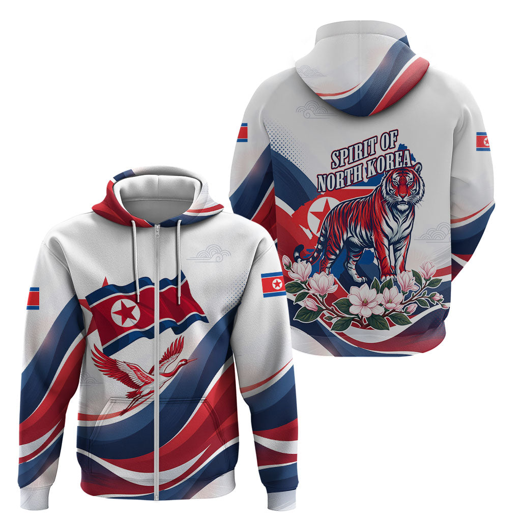 North Korea Flag Day Spirit Of North Korea Zip Hoodie Flying Crane Graphic With Tiger Portrait And Magnolia Flowers