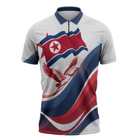 North Korea Flag Day Spirit Of North Korea Zipper Polo Shirt Flying Crane Graphic With Tiger Portrait And Magnolia Flowers
