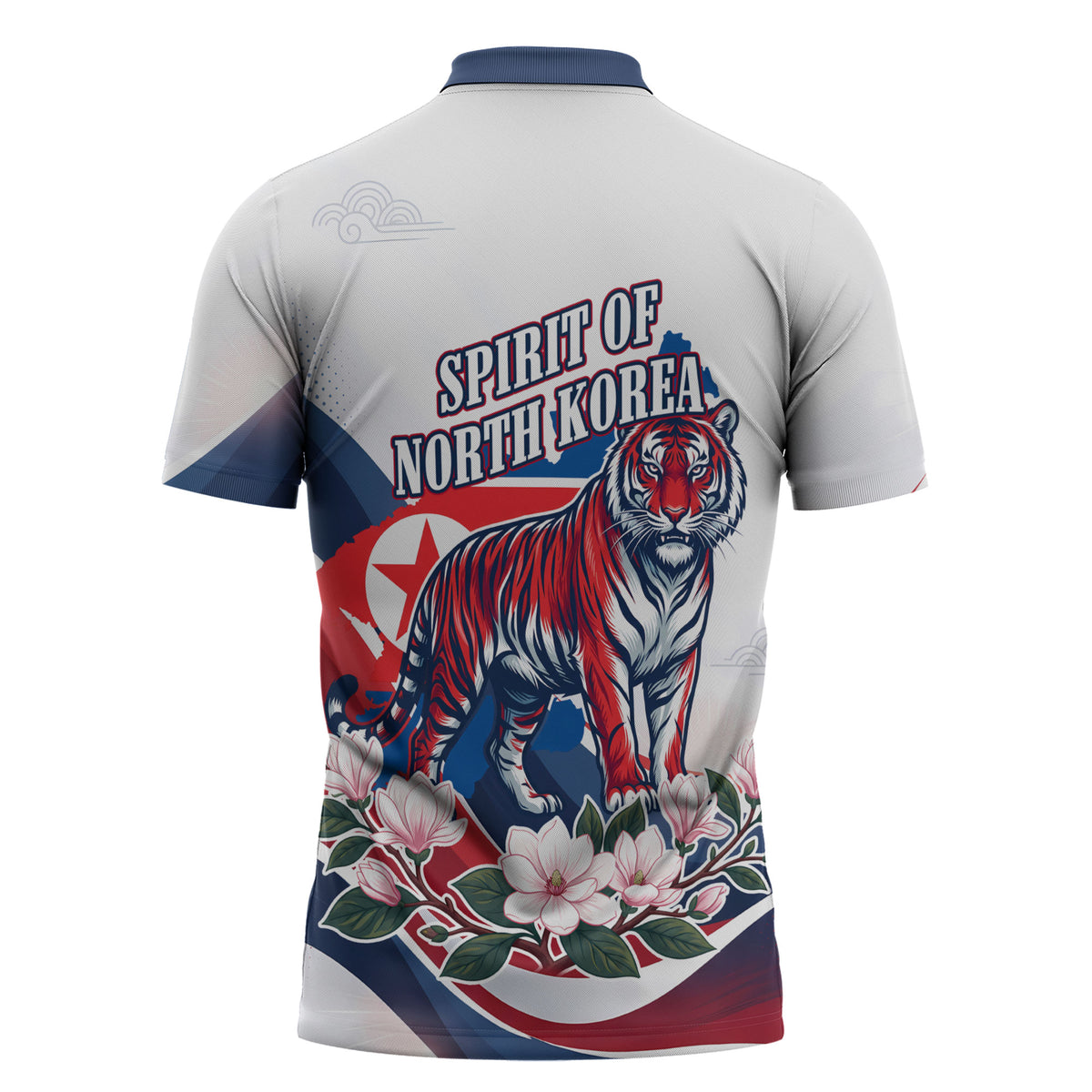 North Korea Flag Day Spirit Of North Korea Zipper Polo Shirt Flying Crane Graphic With Tiger Portrait And Magnolia Flowers