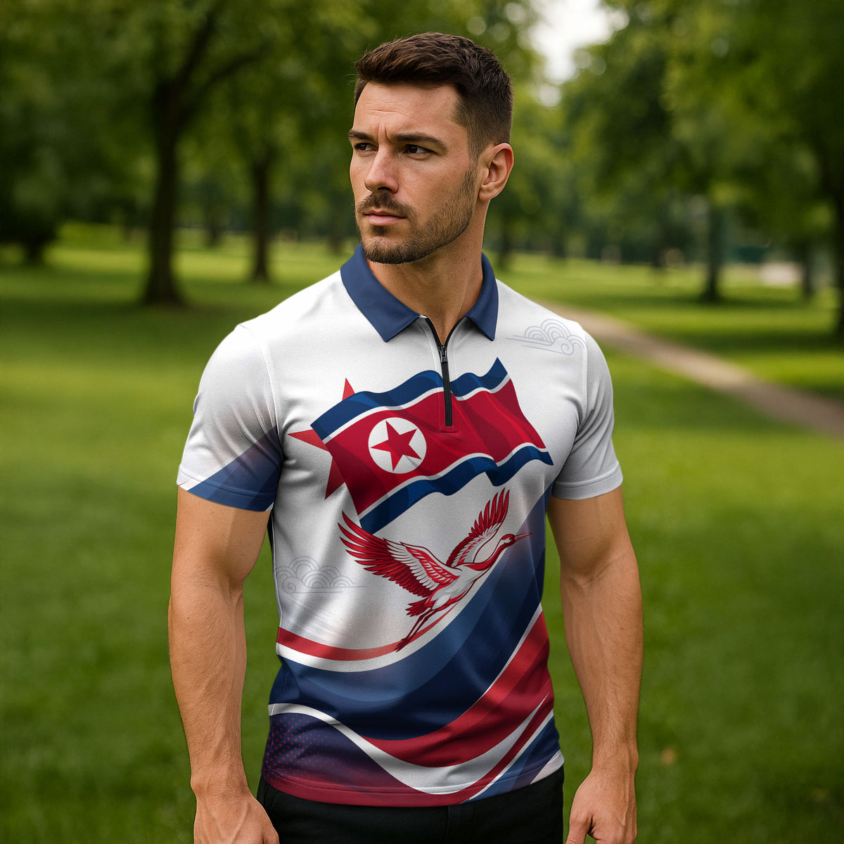 North Korea Flag Day Spirit Of North Korea Zipper Polo Shirt Flying Crane Graphic With Tiger Portrait And Magnolia Flowers